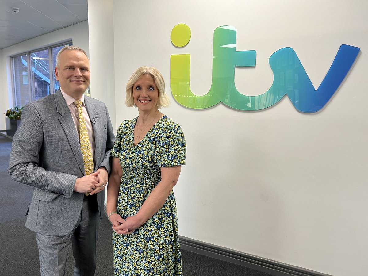 Join ⁦@sallysimpsonitv⁩ and me for Friday’s ⁦@itvcalendar⁩ at 6 on #itv1 and later on ⁦@ITVX⁩ Hope you like our new, revamped ITV logo, too!