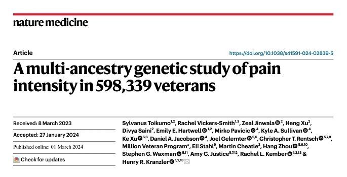 Hot off the press! Now available online in @NatureMedicine... Link here: rdcu.be/dz43A @RachelKember @DrVickersSmith @henrykranzler @ZealJinwala @elistahl_person @DarthCTR #GWAS #ChronicPain