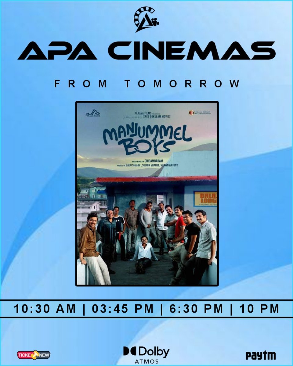 #ManjummalBoys -  #Malayalam with #English Subtitles #4Shows -  from tomorrow at your #APACinemas #DolbyAtmos #7WaySound

#Joshua : 1:15 PM

@siddhu_viva
@sreenathbhasi
@GokulamMovies
@Theatreskovai