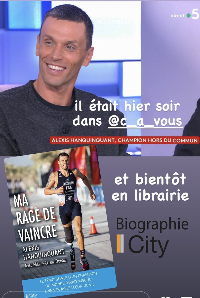 Le livre sort bientôt !!! J’ai l’immense joie de vous annoncer la sortie imminente de « Ma rage de vaincre ». Un témoignage écrit avec l’athlète paralympique hors du commun, @AHanquinquant chez @CityEditions.