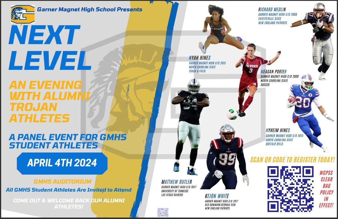 ‼️💙💛🏈🏈Garner Student Athletes 💙💛🏈🏈‼️ WANT TO PLAY AT THE NEXT LEVEL?…TROJAN NATION Please Join Us For A Panel Discussion about Life Choices and Decisions, Successes and Failures @mattbutler_45 @TheNyNy7 @good_vib3z @Heart_Hines @Coachddonald #CommittedToTheProcess