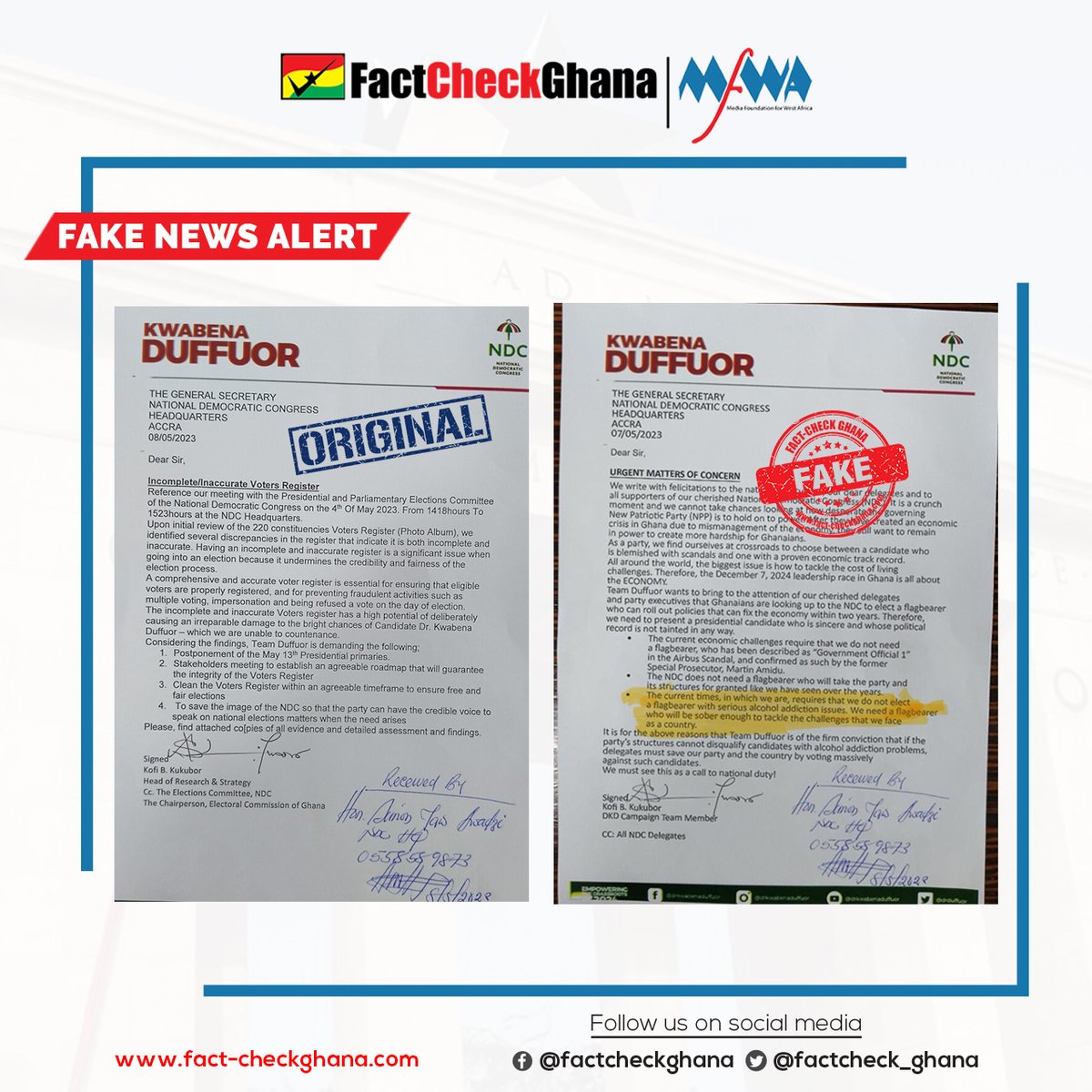 Our checks revealed that Dr Duffuor’s letter did not raise issues of alcoholism. The viral photo of the letter with a part coloured yellow has been edited. The author, Kofi B. Kukubor, told us 'They took the original letter and imposed their words and retained the signatures'.