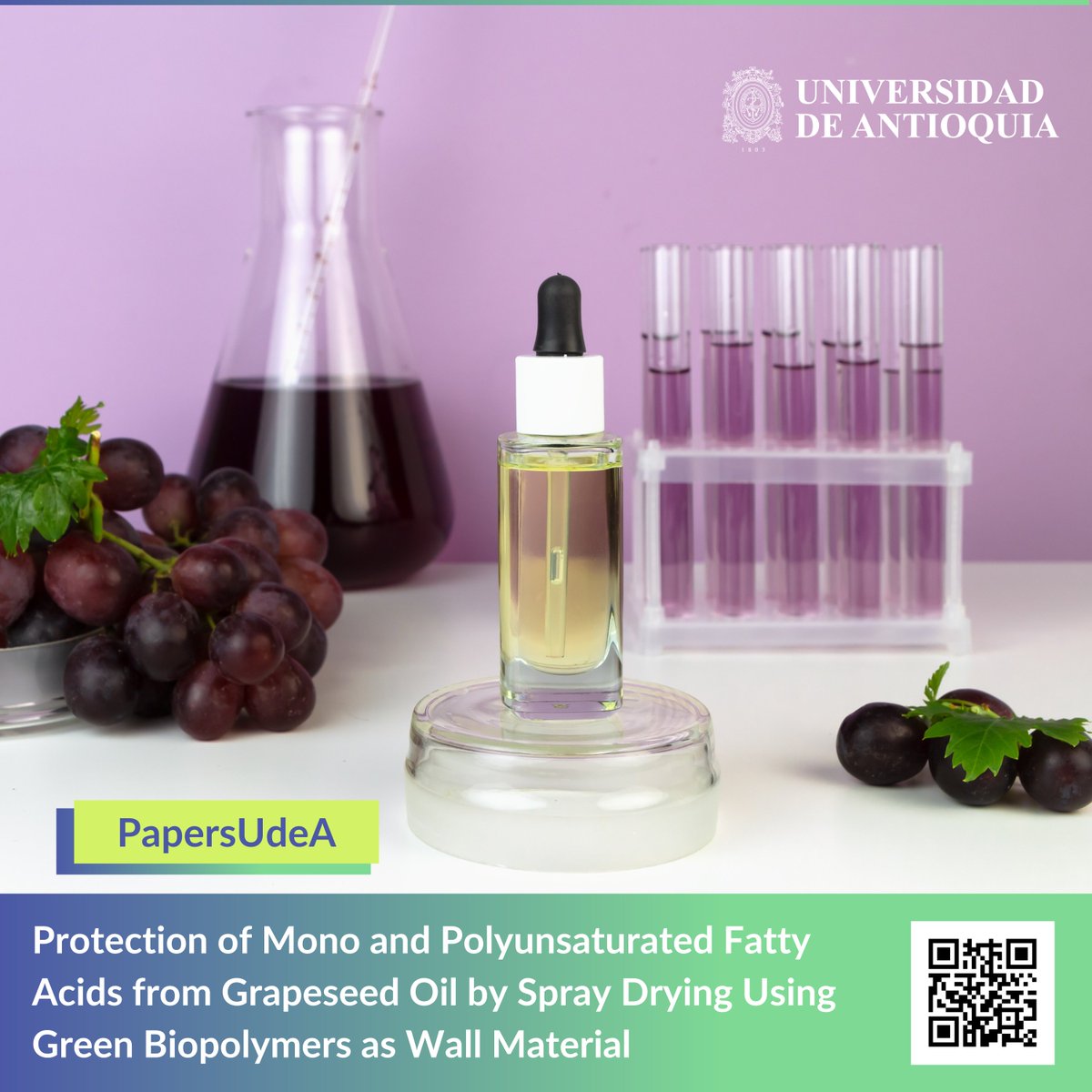 #PapersUdeA - 🍇💧 Grapeseed oil, rich in cardioprotective and anti-inflammatory mono/polyunsaturated fatty acids, faces degradation due to environmental factors. Encapsulation preserves its lipid profile. 

📌 More at: bit.ly/3uwEziz