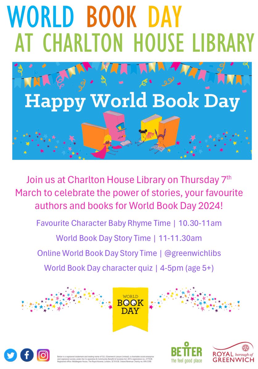 GreenwichLibs's tweet image. Celebrate #WorldBookDay at #CharltonLibrary on Thursday 7th March! 📚 With favourite character #BabyRhymeTime at 10.30am, a special #WorldBookDay #StoryTime at 11am &amp;amp; a character quiz (for ages 5+) at 4pm there’s lots of fun to be had! ✨ #LoveYourLibrary