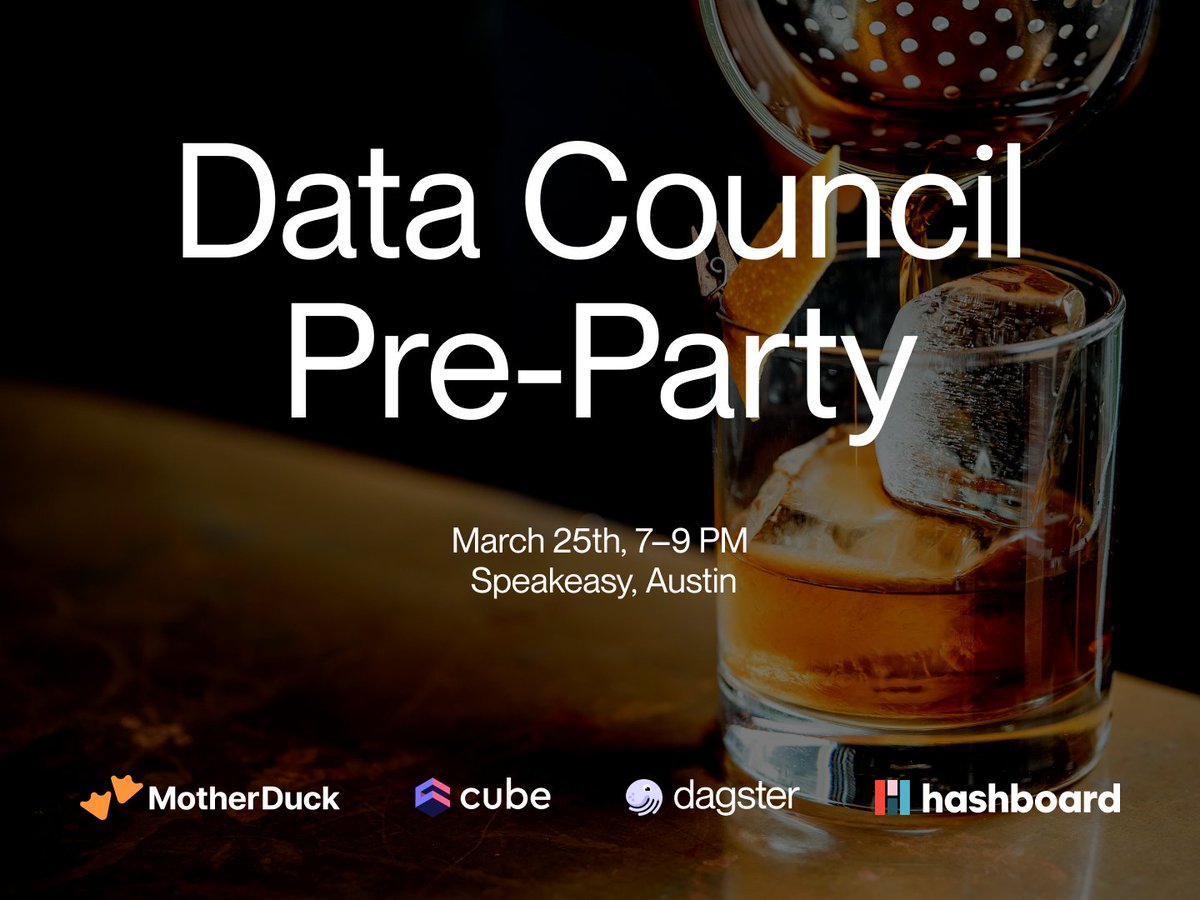 Counting down the days until <a href="/datacouncilAI/">Data Council</a>! 🗓️

Finalizing plans? We’re kicking off #DataCouncil24 with <a href="/MotherDuck/">MotherDuck</a>, <a href="/dagster/">Dagster</a> and <a href="/the_cube_dev/">Cube</a> and would love to see you at our pre-party. 🎉

Register here! 💌
share.hsforms.com/1-JOtYI4CRRWD9…