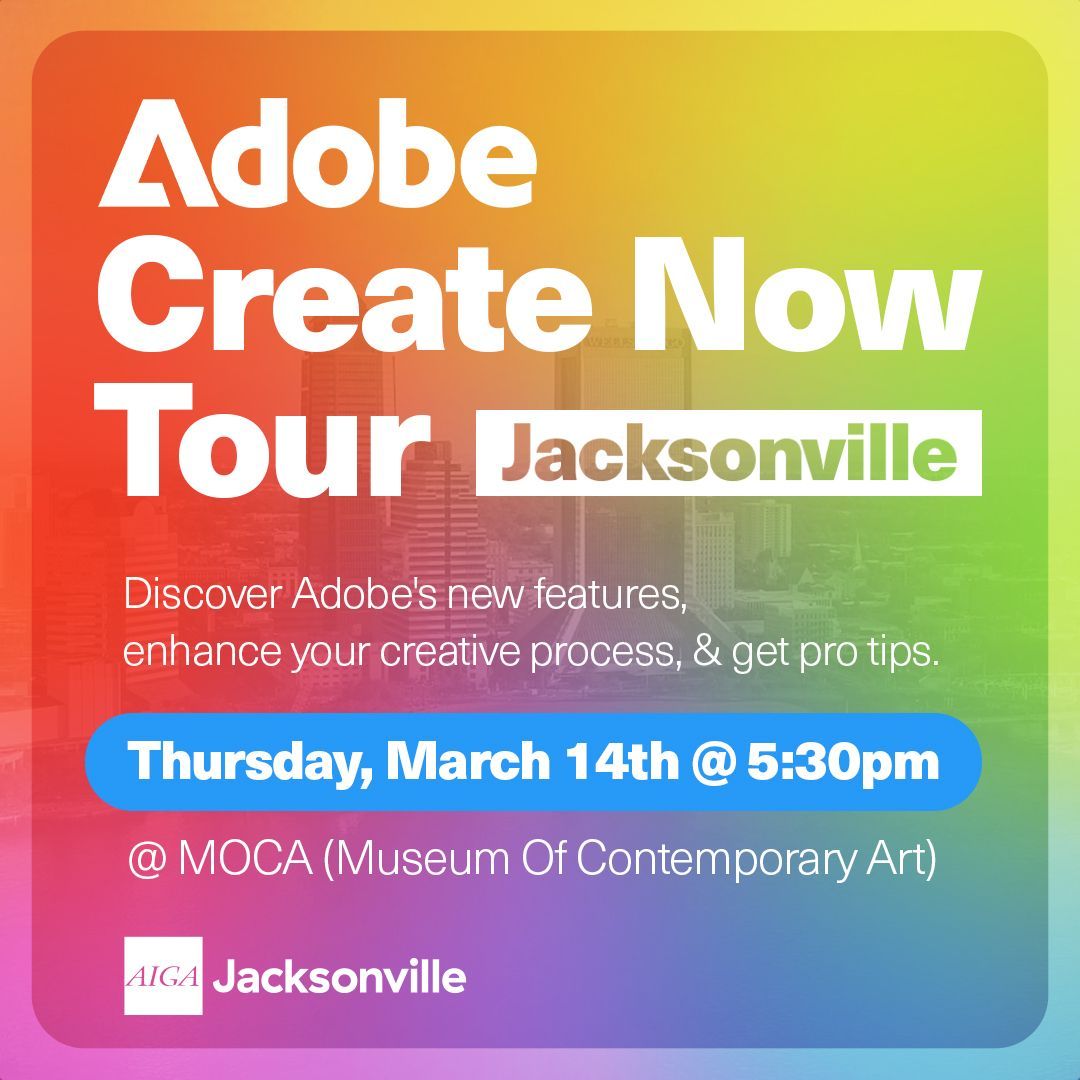 Join the Adobe Create Now crew on March 14th @mocajax for a fun and FREE event tailored for the design community with pro tips about the latest features for Photoshop, Illustrator, Adobe Firefly, Adobe Express, &amp; more!

RSVP here: buff.ly/49IM8le 
#AdobeCreateNow