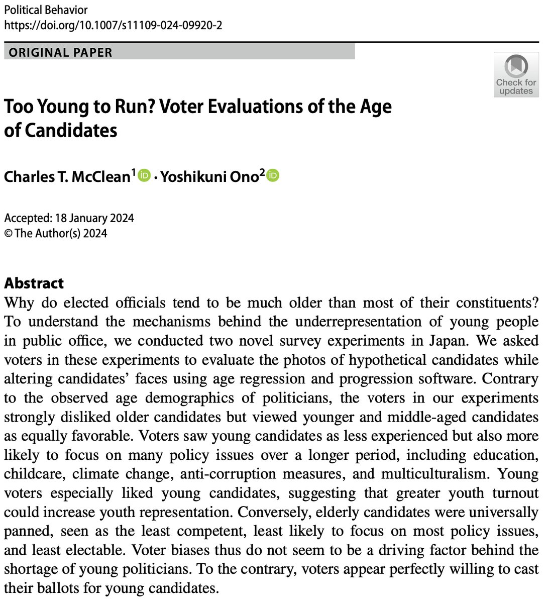 📢 Now published open access @PolBehavior 📢 Using age manipulation software, @YoshikuniOno and I find voters (even older ones) like younger candidates but strongly dislike elderly candidates. Why is this the case? Read our article to find out more: link.springer.com/article/10.100…