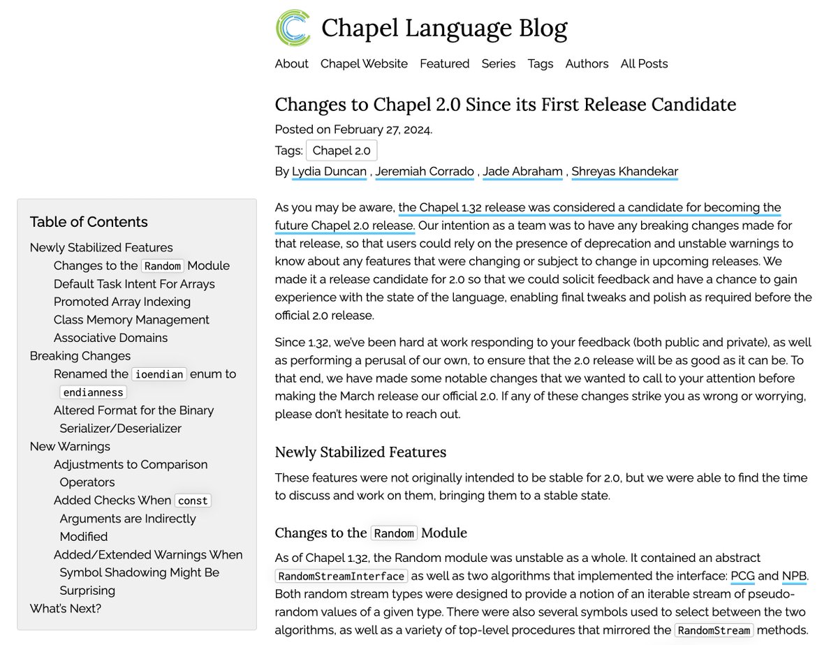 Chapel 2.0 is coming!  For a rundown of recent changes to the language since the initial release candidate last year, see our new blog article at chapel-lang.org/blog/posts/cha…