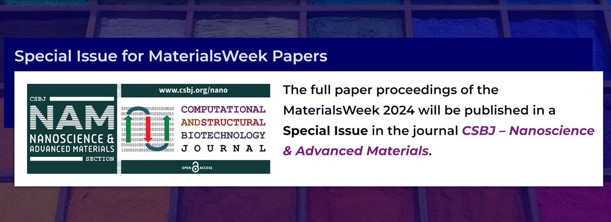 <a href="/MWMaterialsWeek/">MaterialsWeek</a> is proudly partnering with <a href="/ElsevierConnect/">Elsevier</a> journal <a href="/CSB_Journal/">CSBJ</a> on Computational and Structural Biotechnology (Impact Factor 6.0) to allow the publication of full papers of the outstanding research presented at materials-week.org in Cyprus, 17.-21.6.2024.