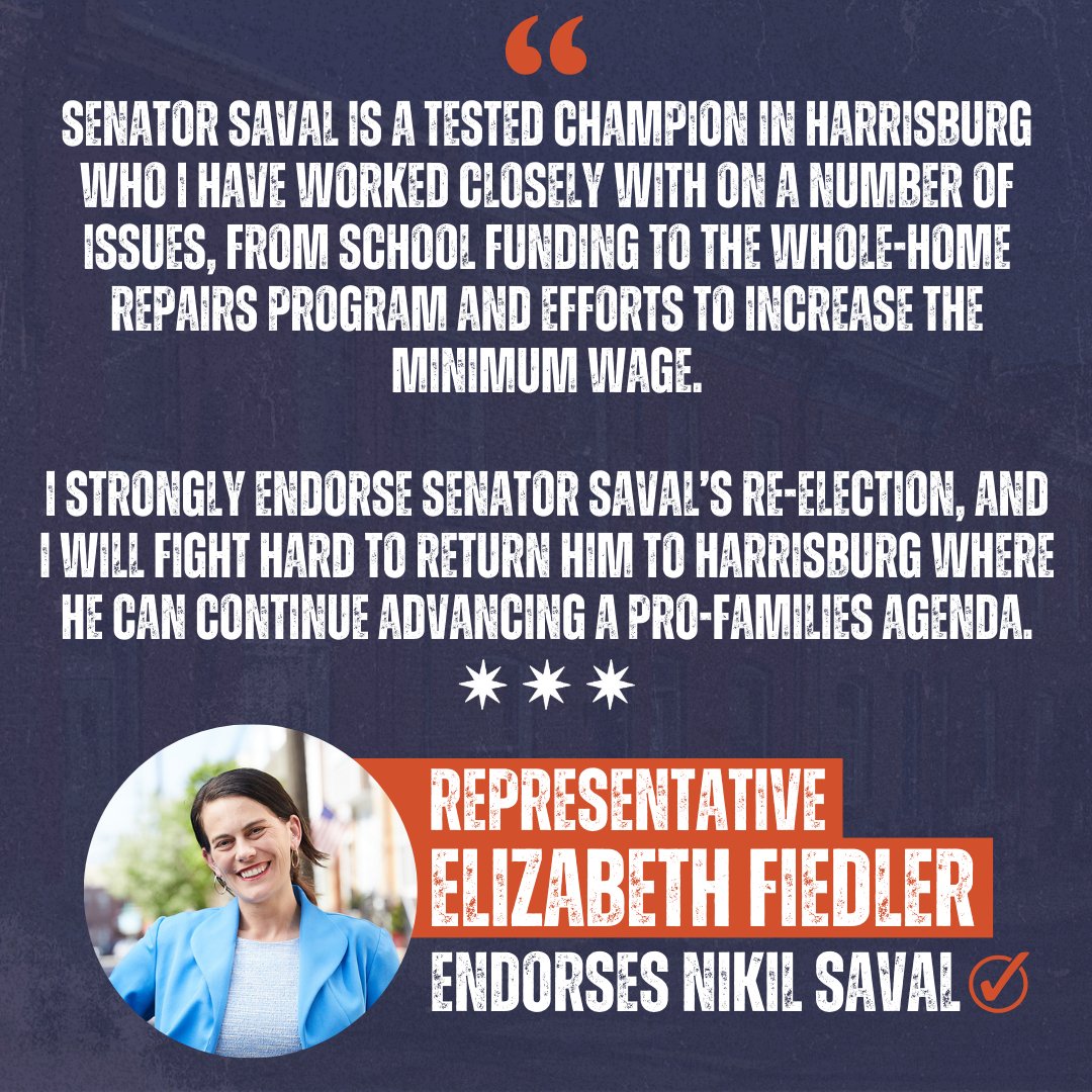 Nikil Saval (@nikilsaval) on Twitter photo Proud to call <a href="/Fiedler4Philly/">Elizabeth Fiedler</a> a dear friend and ally.
As legislative partners in Harrisburg, we've fought for affordable housing, fully funded schools, climate resiliency, and more.
Eager to keep joining forces on shared priorities like #WholeHomeRepairs and #SolarforSchools! Proud to call <a href="/Fiedler4Philly/">Elizabeth Fiedler</a> a dear friend and ally.
As legislative partners in Harrisburg, we've fought for affordable housing, fully funded schools, climate resiliency, and more.
Eager to keep joining forces on shared priorities like #WholeHomeRepairs and #SolarforSchools!