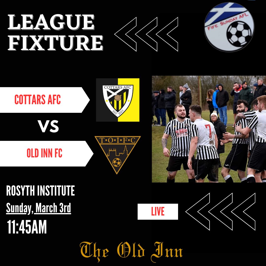 Oldinnfc's tweet image. ⚽️LEAGUE MATCH⚽️

Back in League action Sunday as we travel down to Rosyth to face Cottars Bar F.C.

Come along and support the lads!

Come on The Old Inn Fcc!! ⚽️🤍🖤

@fife_football