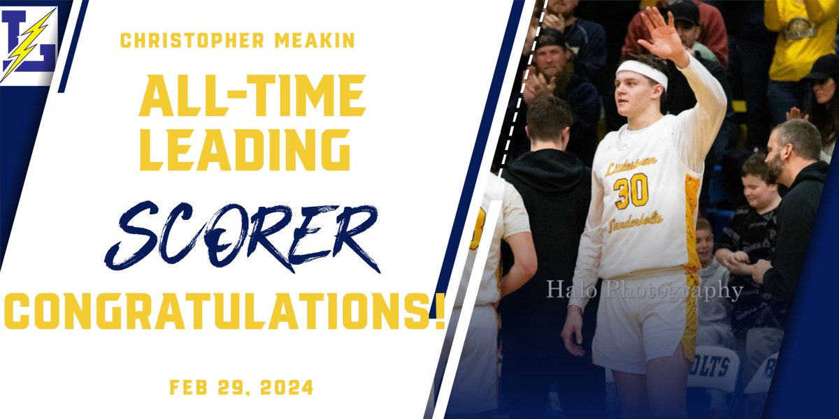 LtownAthletics's tweet photo. Huge Congratulations to Christopher Meakin for breaking the All-Time Leading Scorer record for boys basketball. The record was previously held by Logan Collins at 1618. Way to go Christopher. Bolt Proud!! https://t.co/7KOKWUN9xe