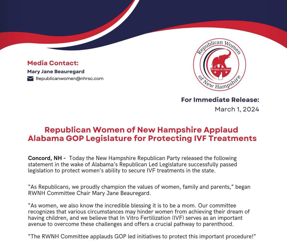 NHGOPWOMEN's tweet photo. For Immediate Release: Republican Women of N.H. Applaud Alabama GOP Legislature for Protecting IVF Treatments.
#IVF #alabamagop #nhgop #rwnh #nhgopwomen #gop #rwnh https://t.co/cfkzOCbYvf