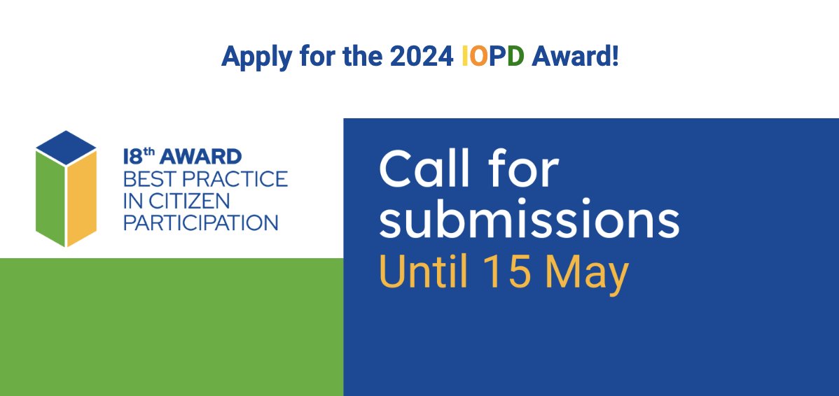 Are you part of a local or regional government that has run a successful participatory democracy initiatve? Submit to the 2024 IOPD Award by May 15 to have your practice recognized internationally! 🏆 oidp.net/distinction/en/