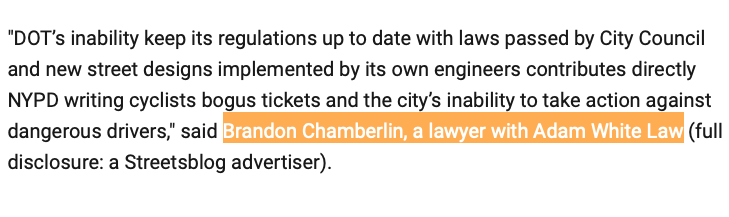 BrandonWC's tweet image. ICYMI the biggest news of the week was buried in Tuesday's @StreetsblogNYC article on @NYC_DOT regulatory delays.
I'm thrilled to announce I've joined the law practice of safe-streets legal legend Adam White! Please reach out for all your bike and pedestrian litigation needs.