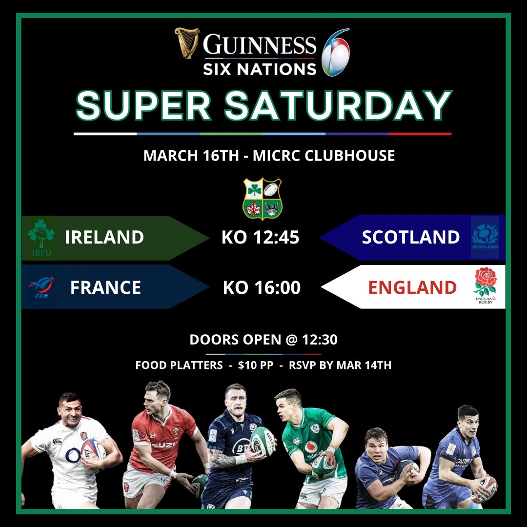 Join us March 16th at the ☘️ clubhouse for our Six Nations Super Saturday viewing party and enjoy the 🏉 games on the big screen 📺 This event is open to all members and is only $10 pp at the door with a variety of food 🔗RSVP via link in bio by March 14th ☘️See you there!