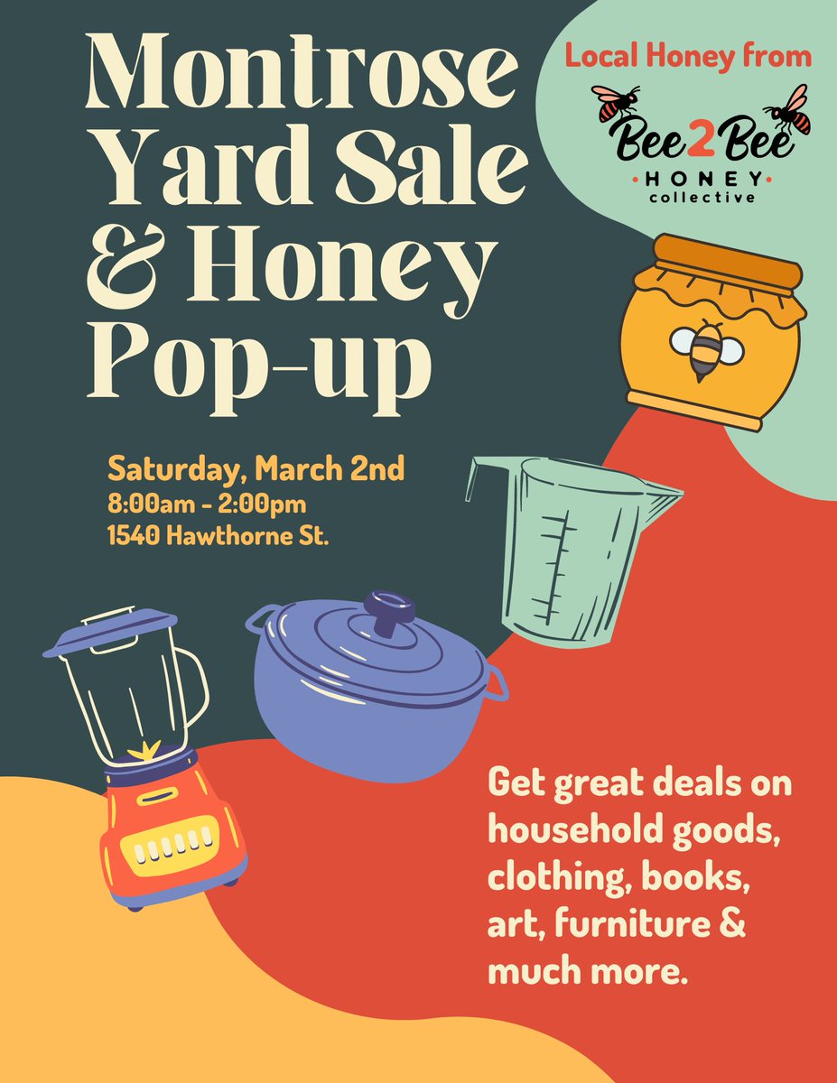 Urban Harvest Farmers Market is closed tomorrow, so I'm doing a honey pop-up in Montrose! It's also going to be a yard sale with a bunch of cool shit my friends and I are getting rid of. You should come. 1540 Hawthorne (Hawthorne and Mandell) 8a-2p