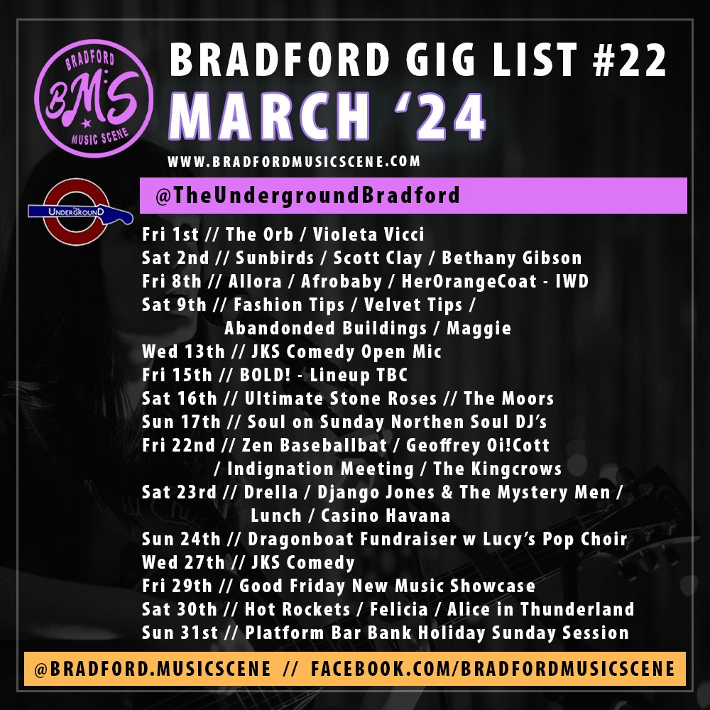 BradfordMusicSc's tweet photo. #Live #Music this #March @Underground_BFD
#GigList #Bradford https://t.co/YdTGIDKNk4