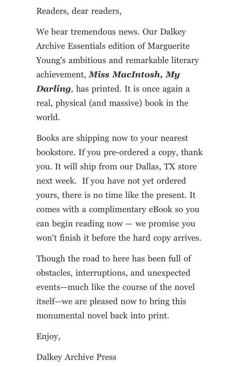 My darlings, the rumors are true. MISS MACINTOSH MY DARLING is once again a real, physical book in the world, and is making its way to readers. Read more about it here: t.e2ma.net/message/8nd34l…, and order the book at the link threaded below.