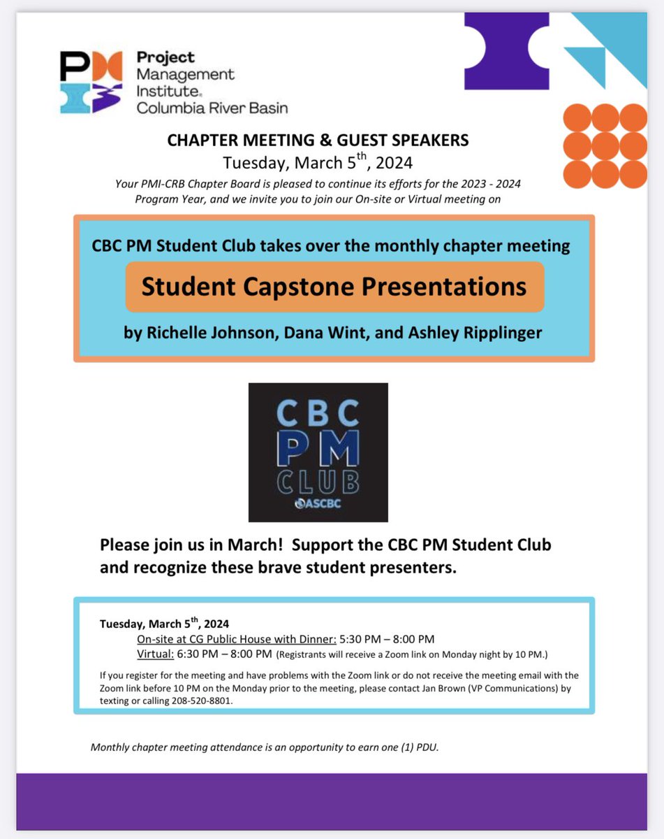 PMI_CRB's tweet photo. Register now, for the PMI-CRBC March 2024 Meeting! The CBC PM Club students will be presenting their capstone Presentations. #projectmanagementlife #pmi https://t.co/WfpVq8tfHI