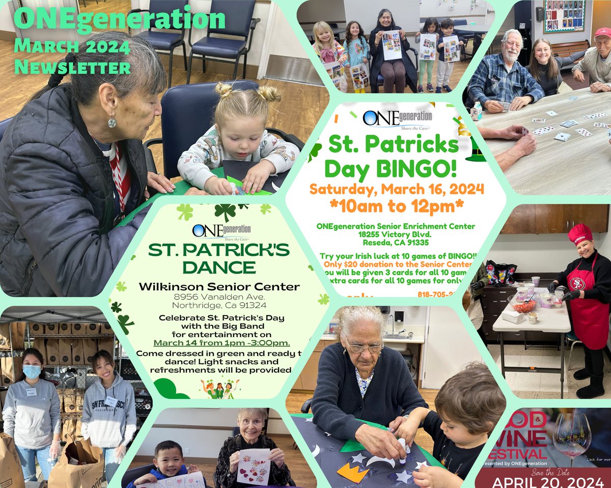 Check out @ONEgenCares March Newsletter conta.cc/4bU3FbQ and save the following dates: St. Patrick's Day Bingo: Saturday 3/16 at 10am at our Senior Enrichment Center in Reseda, and the Encino Food & Wine Festival: Saturday 4/20 at our Daycare Center (Balboa/White Oak).