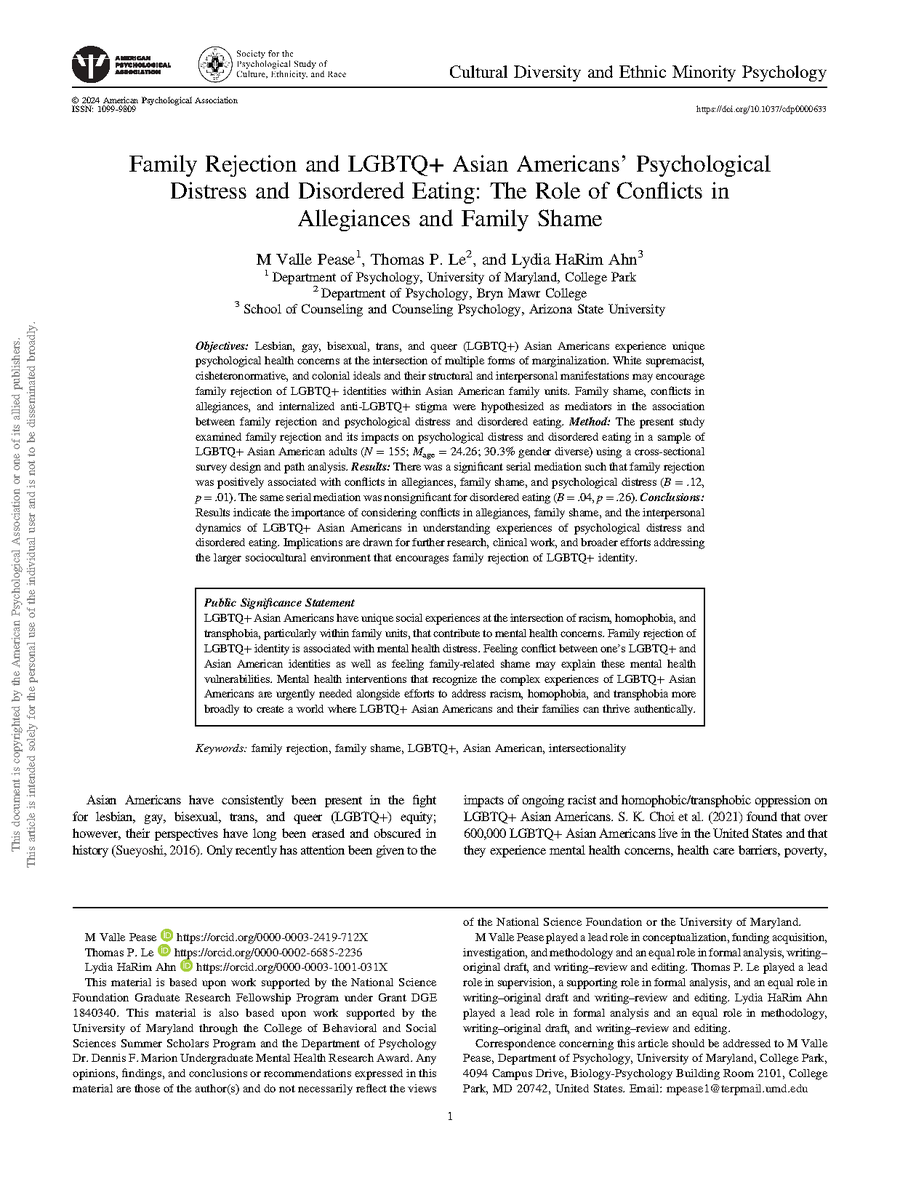 📣 New Publication! 🎉 We explored LGBTQ+ Asian Americans' experiences of family rejection, highlighting how intersectional oppression, identity conflicts, and shame impact mental health with implications for affirming interventions and social justice! 🏳️‍🌈 bsos.umd.edu/featured-conte…
