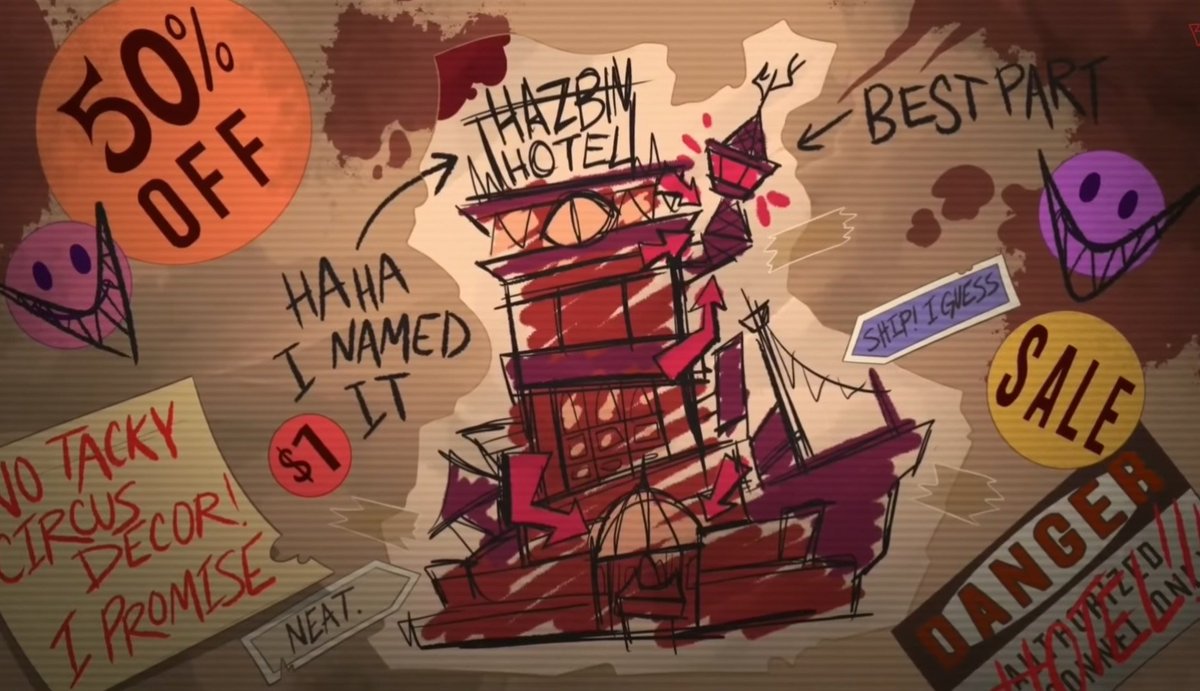 The fact that Alastor sat down and took the time to draw a picture of the hotel, color it, and even decorate his picture with lil stickers and notes is the cutest thing ever #HazbinHotelAlastor #HazbinHotel