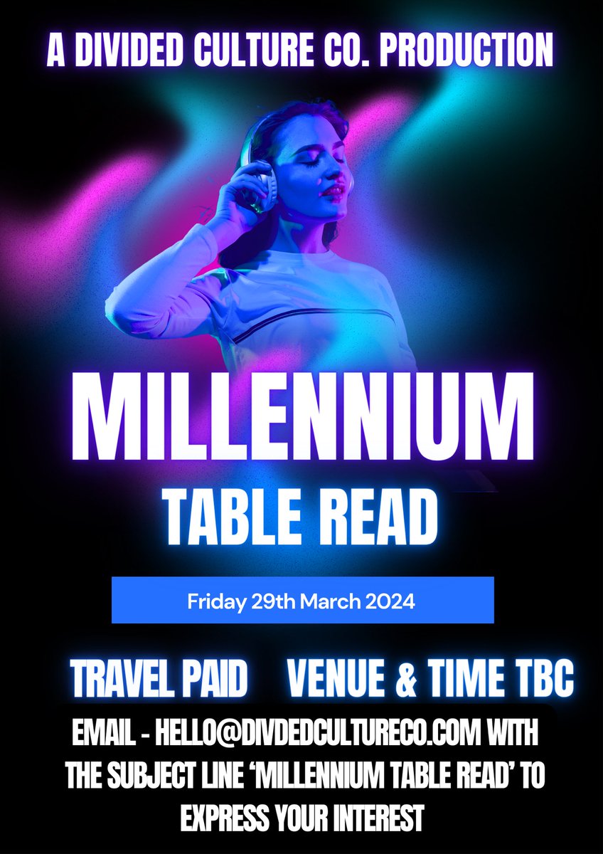 New Year’s Eve, 1999. A dingy nightclub in Rochdale. It’s going to get messy🎉 We want 4 actors for a table read of our new, in-development show ‘Millennium’. A show about a nightclub, which will go on to be performed in a nightclub😎 Table read is part of our wider R&D 🧵