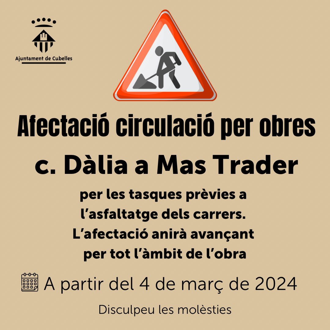 ajcubelles's tweet photo. ⚠️Atenció. Obres del cicle de l’aigua de Mas Trader!
📅 A partir del 4 de març la circulació dels carrers Dalia, Assutzena, Clavell, Mimosa, Desmai i Gerani (tram inicial) patiran afectacions de trànsit per les tasques prèvies a l’asfaltatge dels carrers.
#milloremcubelles https://t.co/vJdCnBPAKU