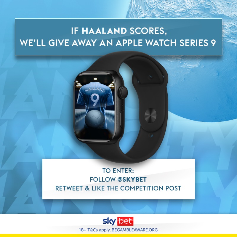 SkyBet's tweet photo. He's scored 5⃣ goals in 3⃣ #PremierLeague appearances against United 🔥

If Haaland's on the scoresheet again this weekend, we'll give away an Apple Watch Series 9 to one lucky follower! 🙌

Simply follow @SkyBet, like this post and retweet to enter ⚽️

Tap for full T&amp;Cs 👇