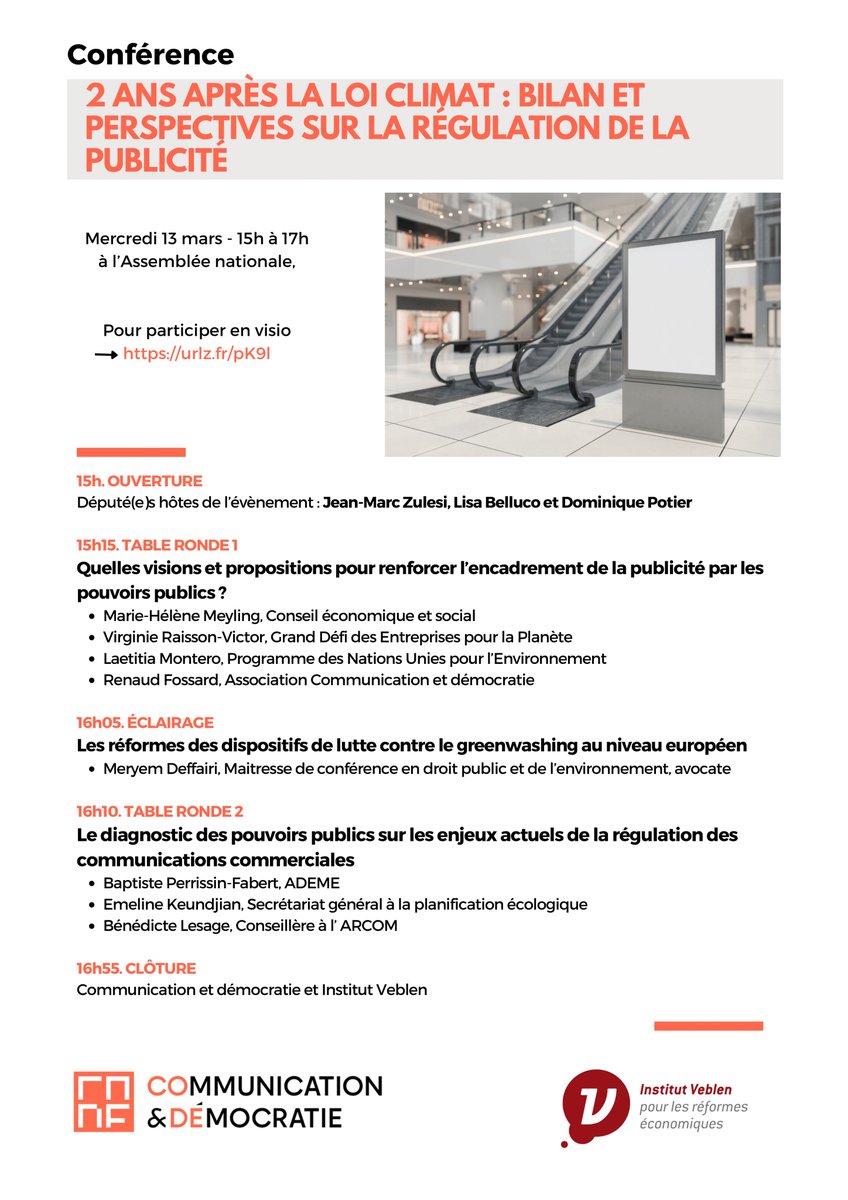 [Conférence] sur la régulation de la #publicité, co-organisée avec l'<a href="/VeblenInstitute/">Veblen Institute for Economic Reforms</a> le 13 mars prochain à l'Assemblée nationale.
👉 le programme détaillé
👉 le lien pour suivre en visio
Des échanges particulièrement intéressants en perspective🤓
communication-democratie.org/fr/publication…