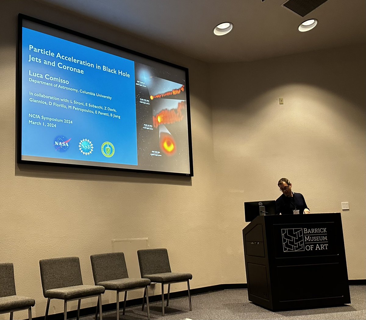 NevadaCfA's tweet photo. @APC_Laboratory Next up is Luca Comisso (@Columbia, @PhysicsColumbia) discussing particle Acceleration in jets and coronae https://t.co/sJGh30S70Q