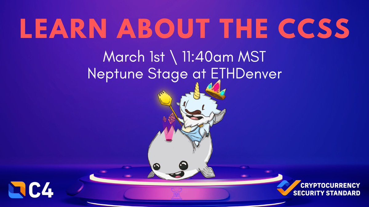 📢 At ETHDenver? Join us at the Neptune stage in 1hr for a dive into CryptoCurrency Security Standard (CCSS) with auditors Marlene Veum, Jake Silzer, & Petri Basson. Get insights from certified CCSSAs & score CCSS Level 1 course discounts! More on CCSSAs: bit.ly/CCSSAInfo