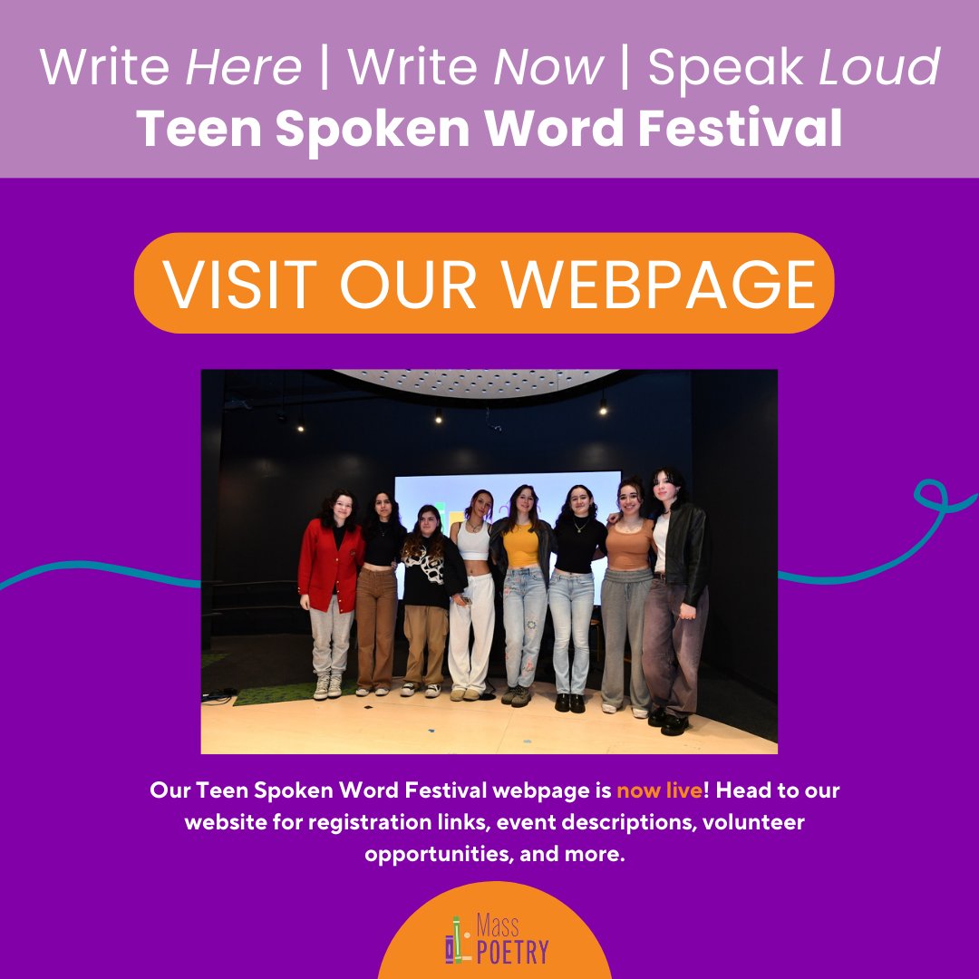 Our Teen Spoken Word Festival webpage is NOW LIVE! Our webpage is a useful resource for all things registration, scheduling, and general FAQs. Check it out here: masspoetry.org/teen-spoken-wo…. Register here: eventbrite.com/cc/teen-spoken….