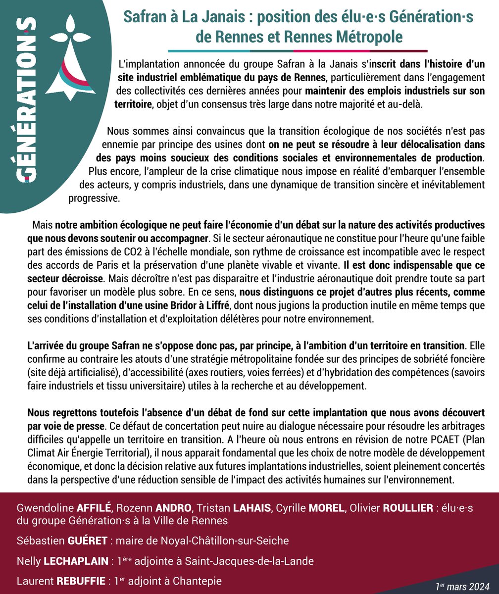 #Safran à #LaJanais : position des élu·e·s Génération·s de #Rennes et #RennesMétropole