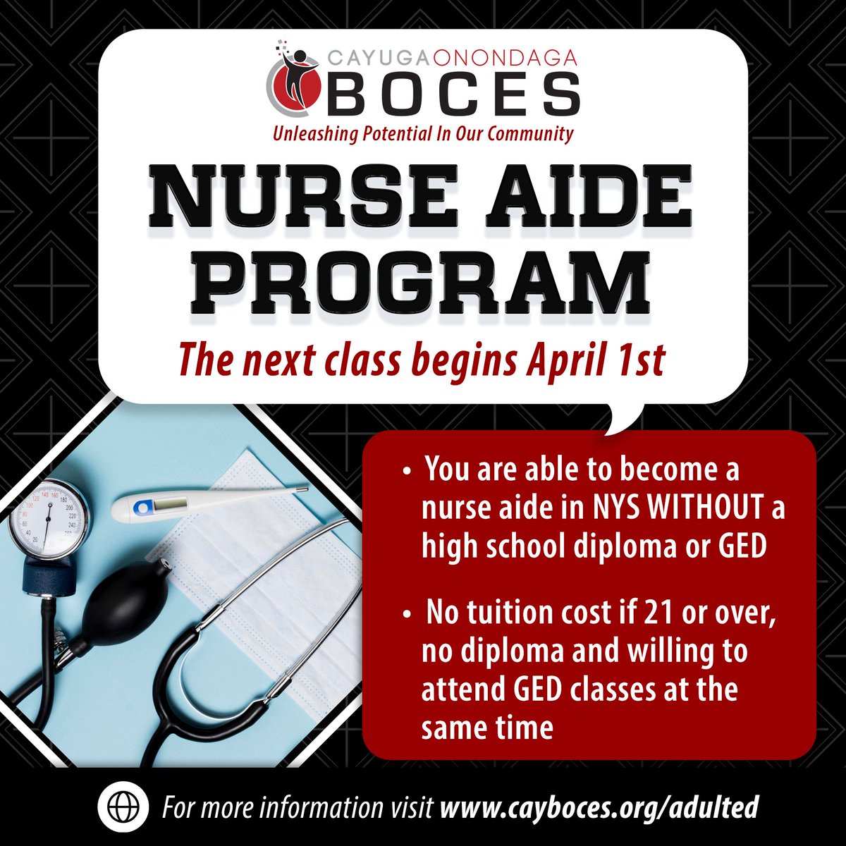We are now filling spots for our upcoming Nurse Aide and Literacy programs. 😷 Class begins April 1, 2024. If you do not have a high school diploma and are over 21 you can enroll for both at no cost. For more information contact Trace Ryan at (315) 253-4899 .