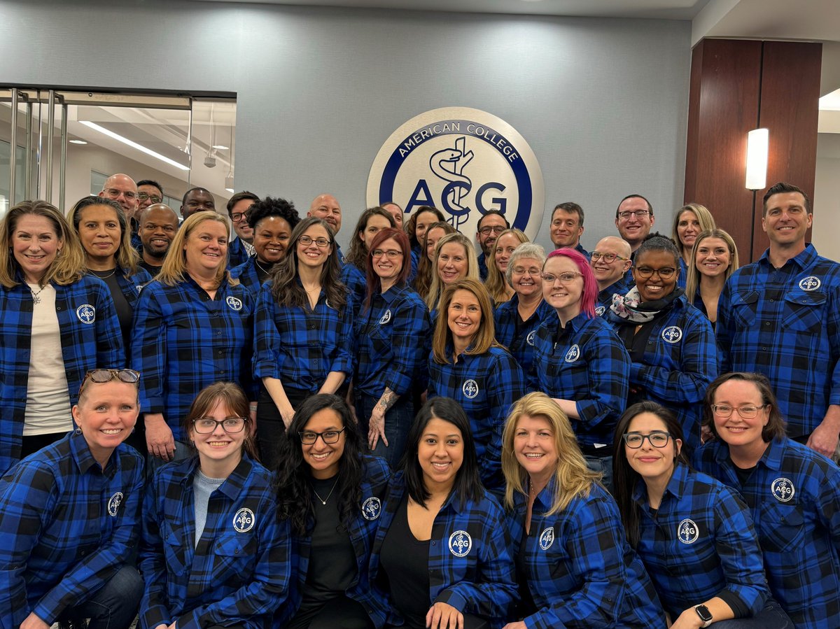 This incredible blue crew celebrates #DressInBlueDay today, but works hard every day to support the #ACGfamily and ensure the work of the College, its publications, programs, and priorities all run smoothly! 🩵#BlueforCRC ACG Staff #ColorectalCancerAwarenessMonth