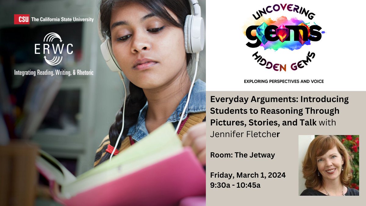 Join @JenFletcher on Friday at 9:30a in The Jetway room for Everyday Arguments: Introducing Students to Reasoning Through Pictures, Stories, and Talk. #ERWC #CATE24