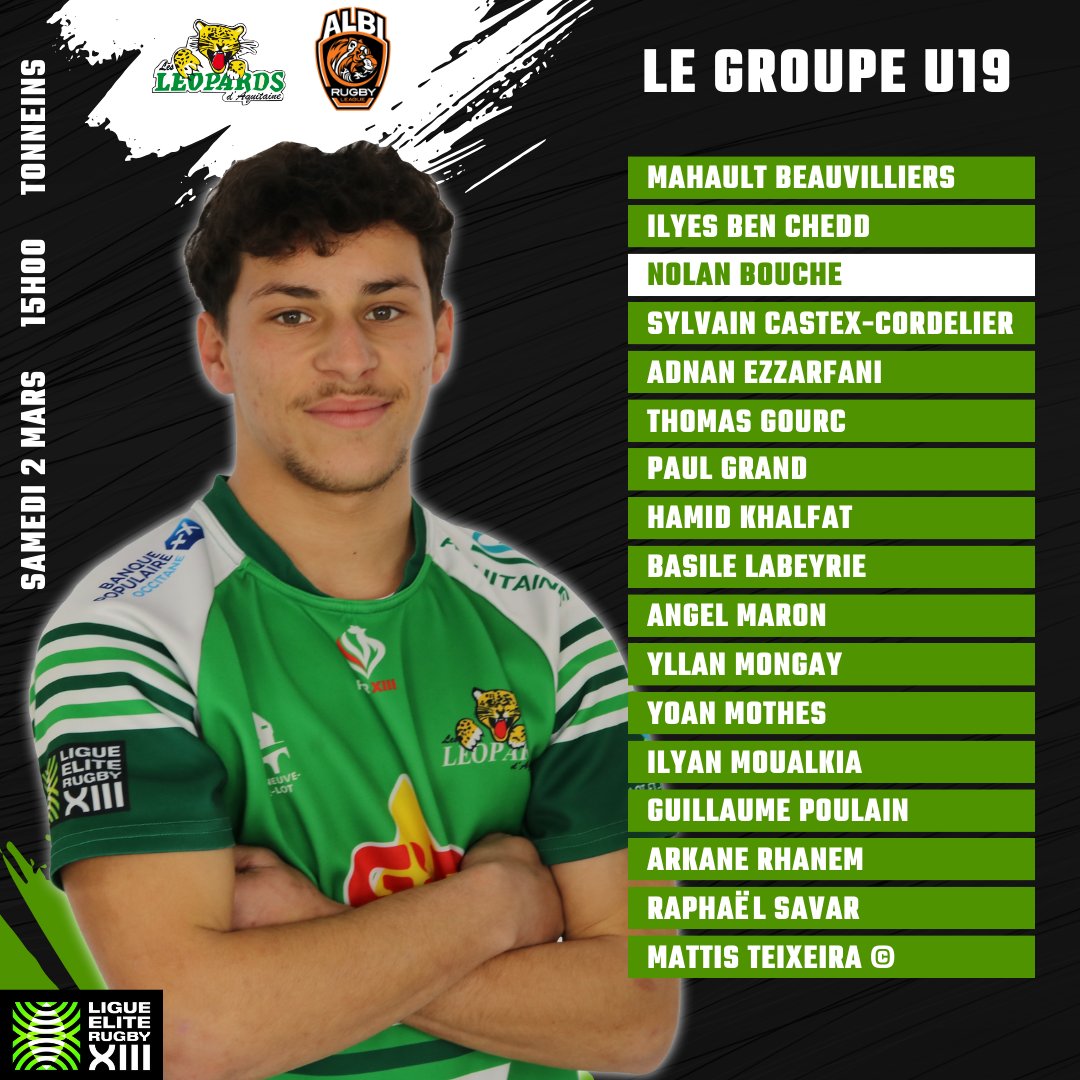 VilleneuveXIII's tweet photo. 𝗟𝗘 𝗚𝗥𝗢𝗨𝗣𝗘 𝗗𝗘𝗦 𝗨𝟭𝟵 𝗣𝗢𝗨𝗥 𝗥𝗘𝗖𝗘𝗩𝗢𝗜𝗥 𝗔𝗟𝗕𝗜 🐆

Julien Mourer a dévoilé le groupe pour recevoir Albi Rugby League ce samedi à 𝗧𝗼𝗻𝗻𝗲𝗶𝗻𝘀. https://t.co/IglM7BzdST