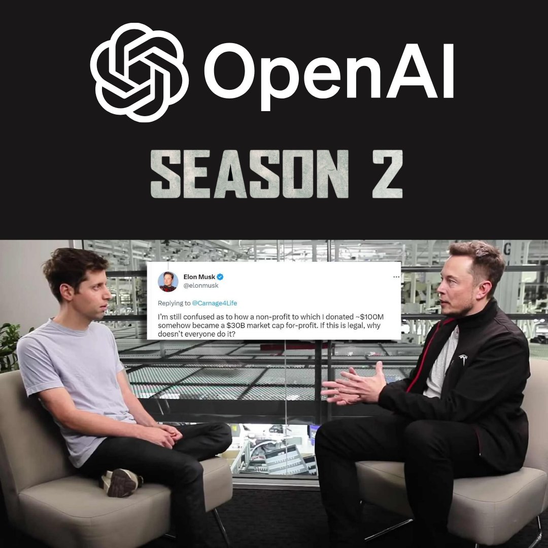 ArpitVision's tweet image. OpenAI Drama Season 2 just dropped!🍿 

@elonmusk is suing @OpenAI and CEO @sama for breach of contract, in prioritizing profit over the benefit of mankind 😳 

Let the game begins! 🍿 
#ai #openai #elonmusk #agi #tech