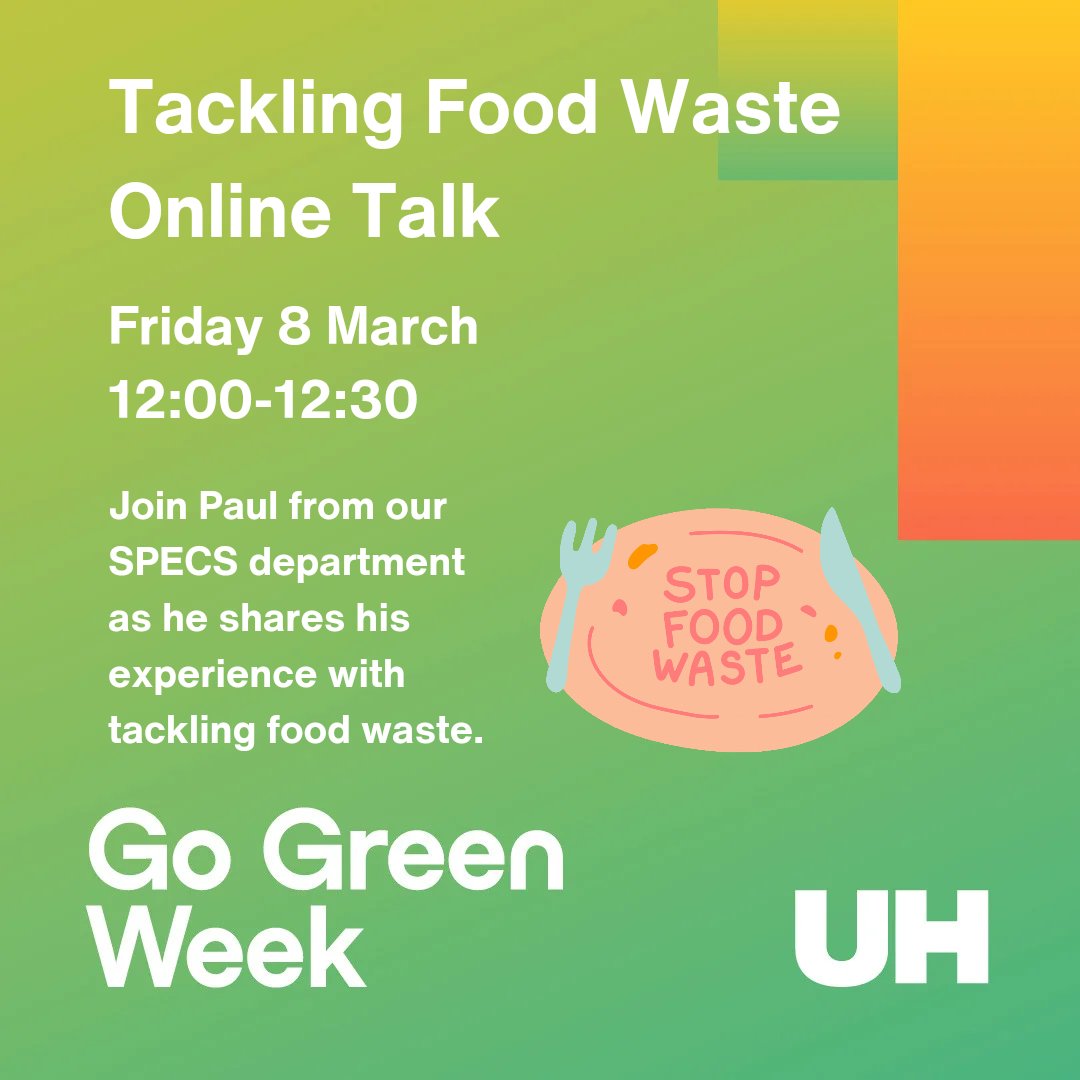 🌍 Join Paul from SPECS as he shares his positive experience in using the 'Too Good To Go' app to play his part in tackling food waste 🙌Open to all @UniofHerts staff and students. Follow this link to join: bit.ly/4aZlrKg
Go Green Go Herts! 💚#GoGreenWeek2024