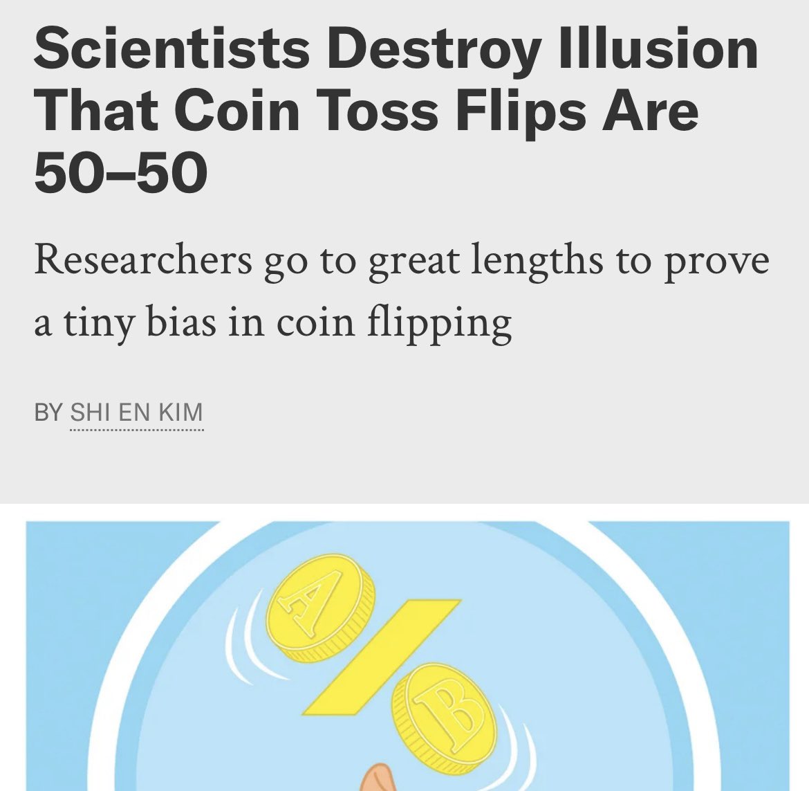 HamadAlMajidi's tweet image. واحد من أغرب الأشياء اللي قرأتها:

توصل علماء إلى أن رمية القطعة النقدية اللي طول عمرنا ندرسها على أساس أن احتمالية ظهور أي جانب منها هي 50-50، هي فعليا 51-49 و ليست متساوية

حيث قام أحد منتسبي الإحصاء من جامعة أمستردام، بالتعاون مع 47 متطوع لتسجيل نتائج أكثر من 350 ألف رمية…