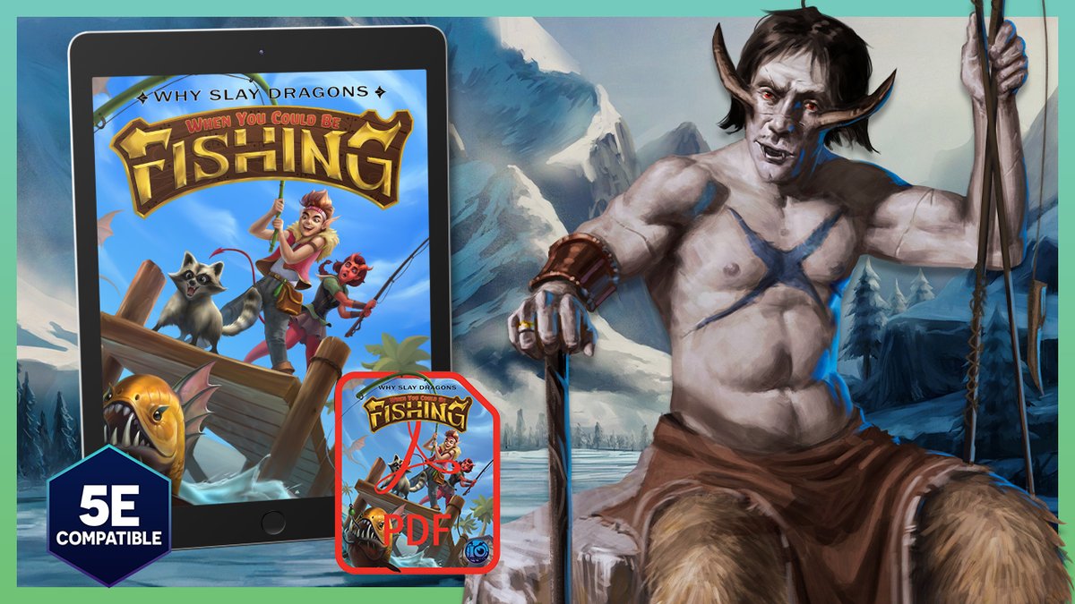 BrettUltimus's tweet image. Meet Grille - an Arctic tiefling who has been ice fishing for centuries. ❄️
Grille is one of 24 Angler NPCs in our newly released book - 📘Why Slay Dragons when you could be FISHING - a 5e TTRPG supplement that brings Fishing to your world! 🎣
