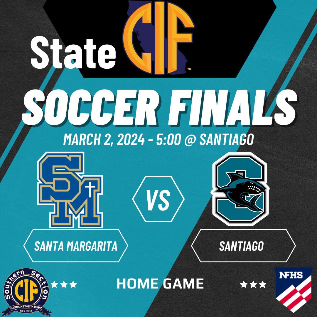 CIF State Finals Saturday March 2, at Santiago High School vs Santa Margarita. It’s a rematch from the CIF Southern Section finals where the Sharks won 2-0. 

Good luck Sharks!!! #GoSharks 
#cifstatefinals 
#cifstateplayoffs
#stateplayoffs 
#cifchampions 
#cif 
#ciffinals