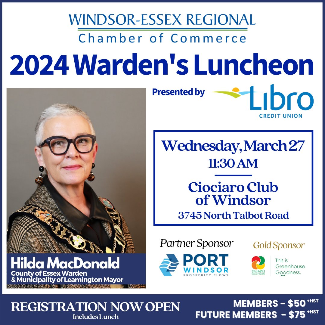 Mark your calendars, as the Warden's Luncheon, presented by <a href="/LibroCU/">Libro Credit Union</a>, is set for March 27 at <a href="/CiociaroClub/">Ciociaro Club</a>. Don't miss a keynote address from Essex County Warden and Municipality of Leamington Mayor, Hilda MacDonald.

Register now at bit.ly/2024WardensLun…

#2024WardensLuncheon