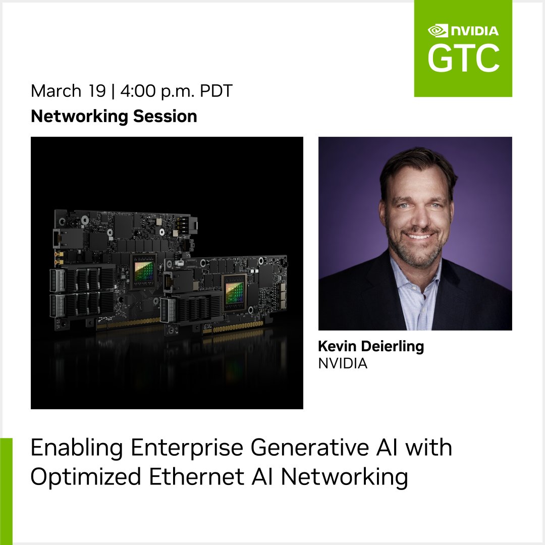NVIDIANetworkng's tweet image. Join Kevin Deierling (NVIDIA) and Will Eatherton (Cisco) at #GTC24 as they unveil the cutting-edge design of Ethernet #NetworkingforAI, powered by NVIDIA BlueField. Register now: nvda.ws/49J10j8
