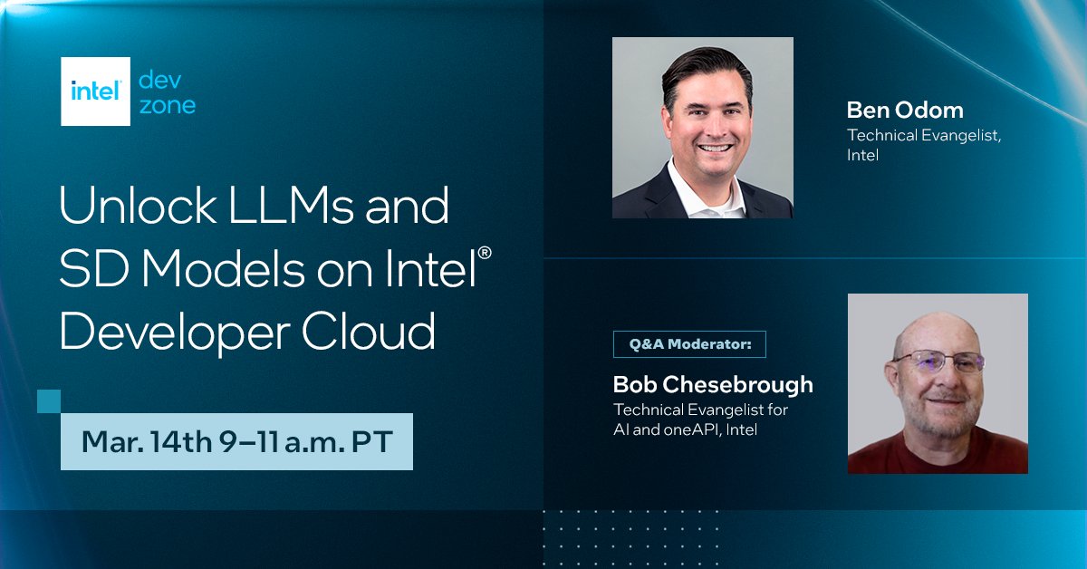 IntelSoftware's tweet image. Learn how to unlock #LLMs and stable diffusion models with #IntelDeveloperCloud in this upcoming workshop. Sign up today to fine-tune the accuracy and efficiency of your models and develop strategies for improving data handling. intel.ly/42NmbhM