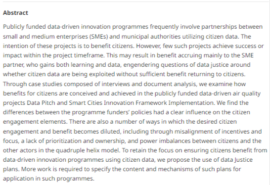 Data & Policy (@data_and_policy) on Twitter photo New article!
When data meets #citizens: an investigation of citizen engagement in data-driven innovation programmes
👉 #OpenAccess:
doi.org/10.1017/dap.20…
Authors: @gefiont <a href="/ms_j_walker/">Dr Johanna Walker</a> <a href="/esimperl/">Elena Simperl</a> (<a href="/kclinformatics/">KCL Informatics</a>) <a href="/lescarr/">Prof Les Carr</a> (<a href="/ECSUoS/">Electronics Comp Sci</a>)
#datajustice #opendata #innovation New article!
When data meets #citizens: an investigation of citizen engagement in data-driven innovation programmes
👉 #OpenAccess:
doi.org/10.1017/dap.20…
Authors: @gefiont <a href="/ms_j_walker/">Dr Johanna Walker</a> <a href="/esimperl/">Elena Simperl</a> (<a href="/kclinformatics/">KCL Informatics</a>) <a href="/lescarr/">Prof Les Carr</a> (<a href="/ECSUoS/">Electronics Comp Sci</a>)
#datajustice #opendata #innovation