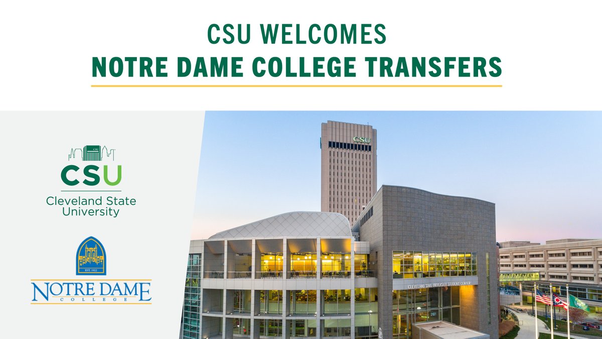 CLE_State's tweet image. Cleveland State University warmly welcomes Notre Dame College students seeking to complete their degree programs as part of our Teach-Out agreement with NDC. At CSU, you&apos;ll find yourself supported by a university that welcomes transfer students with open arms! Learn more about…