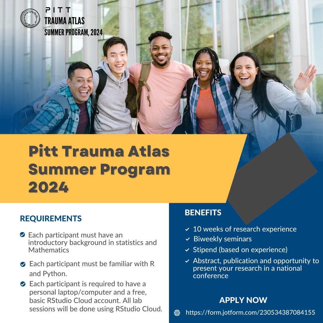 PittSurgery's tweet photo. Join us for a transformative 10-week journey in the Pitt Trauma Atlas Summer Program ☀️ Dive into cutting-edge research, mentorship, and unforgettable experiences. Don't miss your chance to shape the future of Trauma Therapy- apply now! #AtlasSummer #Research #SummerProgram 🌟🔬 https://t.co/aBR8K3ezeG